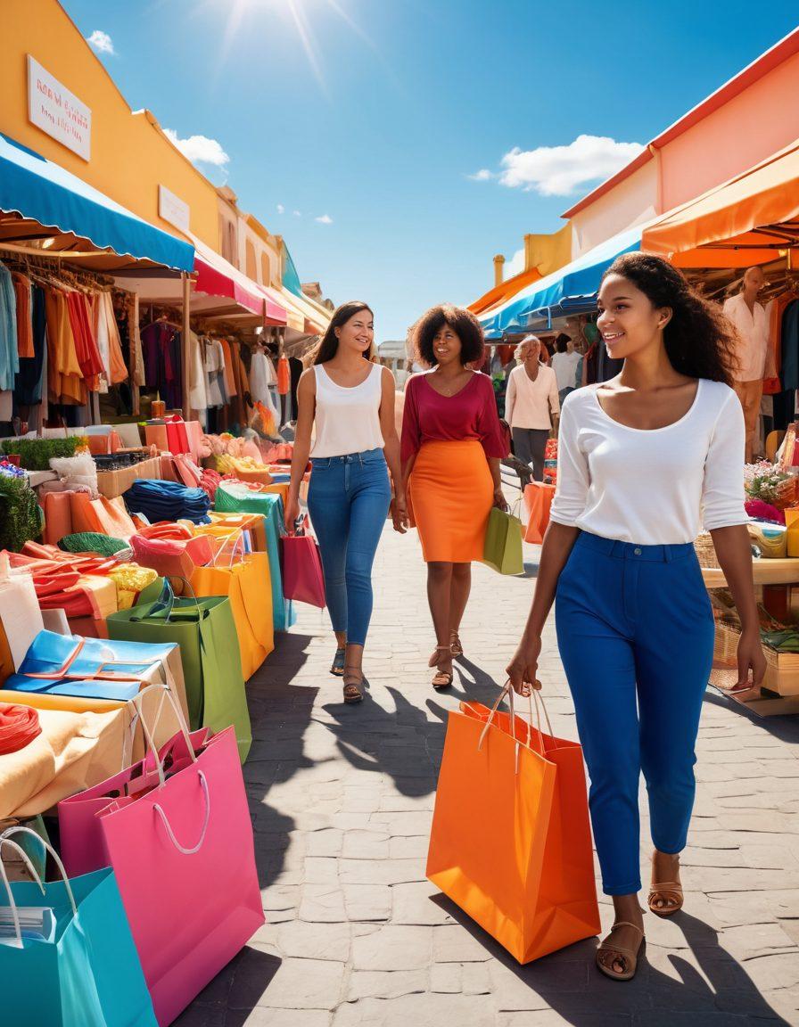 A confident consumer standing in a vibrant marketplace filled with diverse products and colorful stalls, hands on hips, exuding empowerment. Surrounding them are shopping bags and price tags, symbolizing smart choices made with knowledge. People of different backgrounds debating prices and exploring goods, showcasing a lively shopping atmosphere. The background features a sunny day with blue skies, emphasizing positivity and excitement in shopping. super-realistic. vibrant colors. 3D.