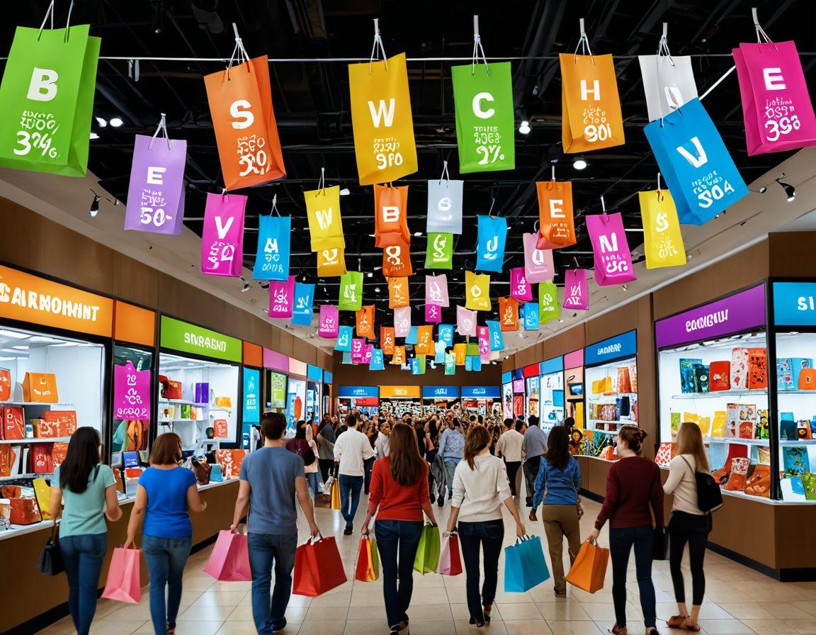A dynamic scene showcasing a diverse group of savvy shoppers in a vibrant marketplace, each holding shopping bags filled with products. Include visual elements of price tags with discounts, digital screens displaying product information, and thought bubbles illustrating knowledge about bargains and deals. The background should feature colorful banners promoting sales and eco-friendly products. Use bright, engaging colors to capture the excitement of smart buying. super-realistic. vibrant colors. 3D.
