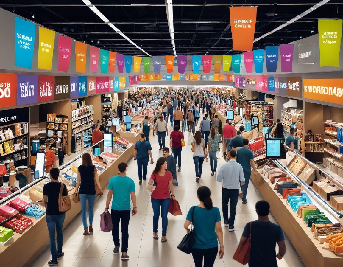 A group of diverse shoppers confidently navigating a vibrant marketplace, analyzing products with digital devices in hand. Bright price tags and comparison charts float around them, symbolizing informed choices. In the background, a large banner reads 'Empowered Consumers'. The scene conveys energy and intelligence in shopping. colorful illustration. super-realistic. vibrant colors.